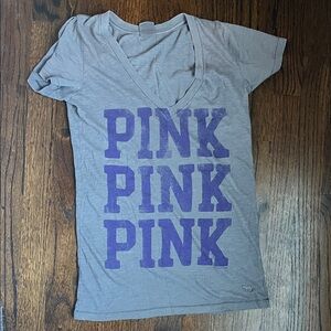 PINK Victoria's Secret Gray Tee with Purple Print - Small